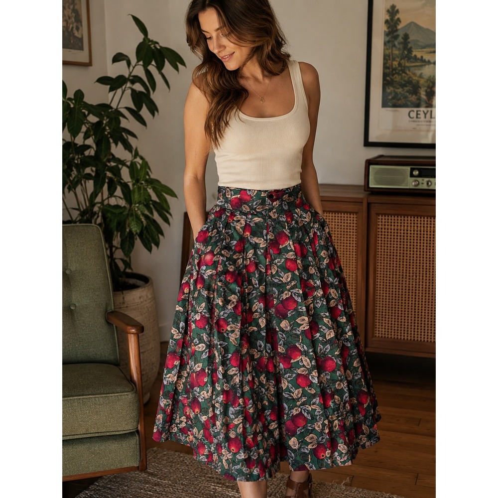 Vintage Style Apple Print Pleated Midi Skirt Green Red High Waist Pockets 26W - Picture 2 of 8
